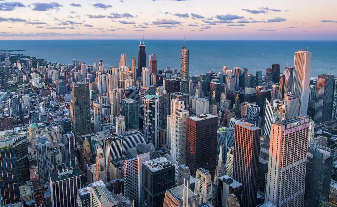 Aerial view of the Chicago skyline and Lake Michigan