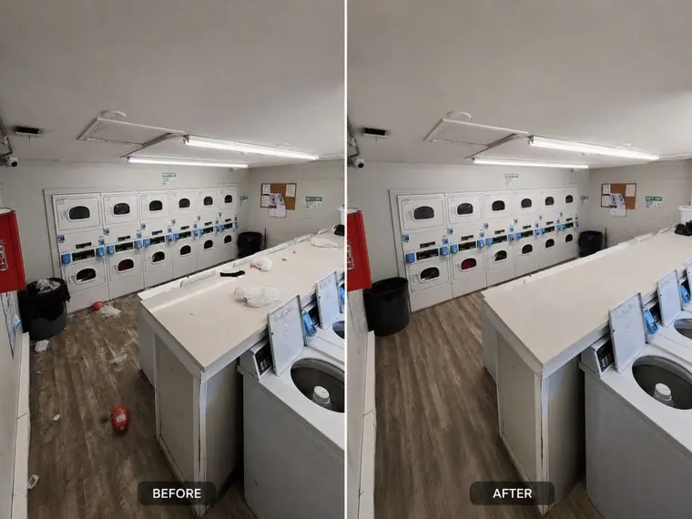 Before and after: shared laundry room cleaning in an apartment building