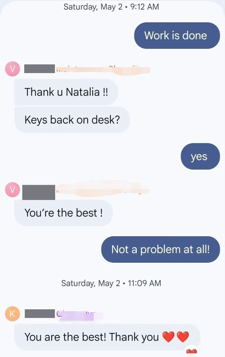 Text messages from building maintenance and a property manager thanking the team after a completed job